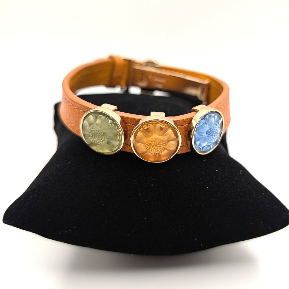 Lalique Paris Leather Bracelet Crystal Cabochon Gold Tone Tan Made in France